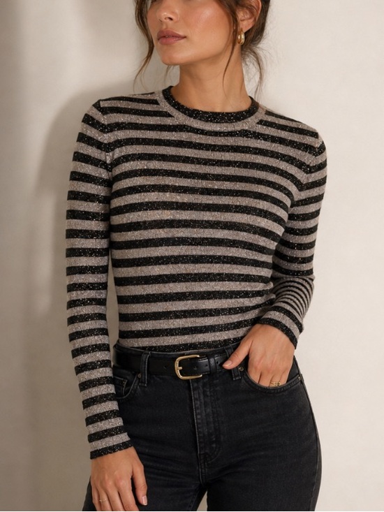 Who What Wear Tops - Who What Wear Black & Cream Metallic Stripe Knit Top